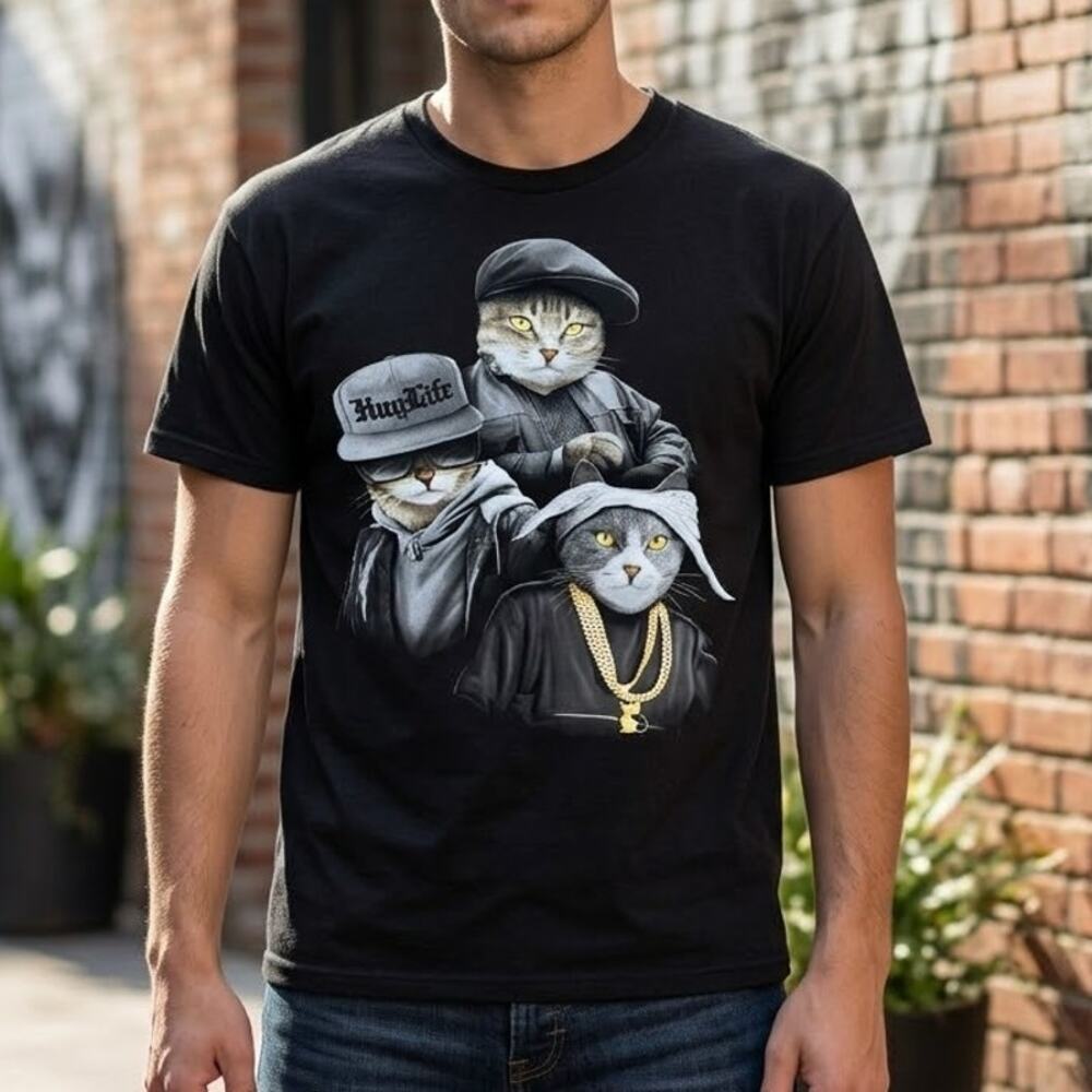 ODM Hug Life Gangster Cat Trio Graphic T-Shirt Hip Hop Rap Tee Black Mens Size L